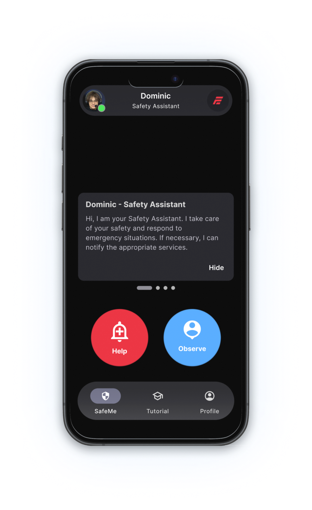 The SafeMe home screen with Help and Observation buttons