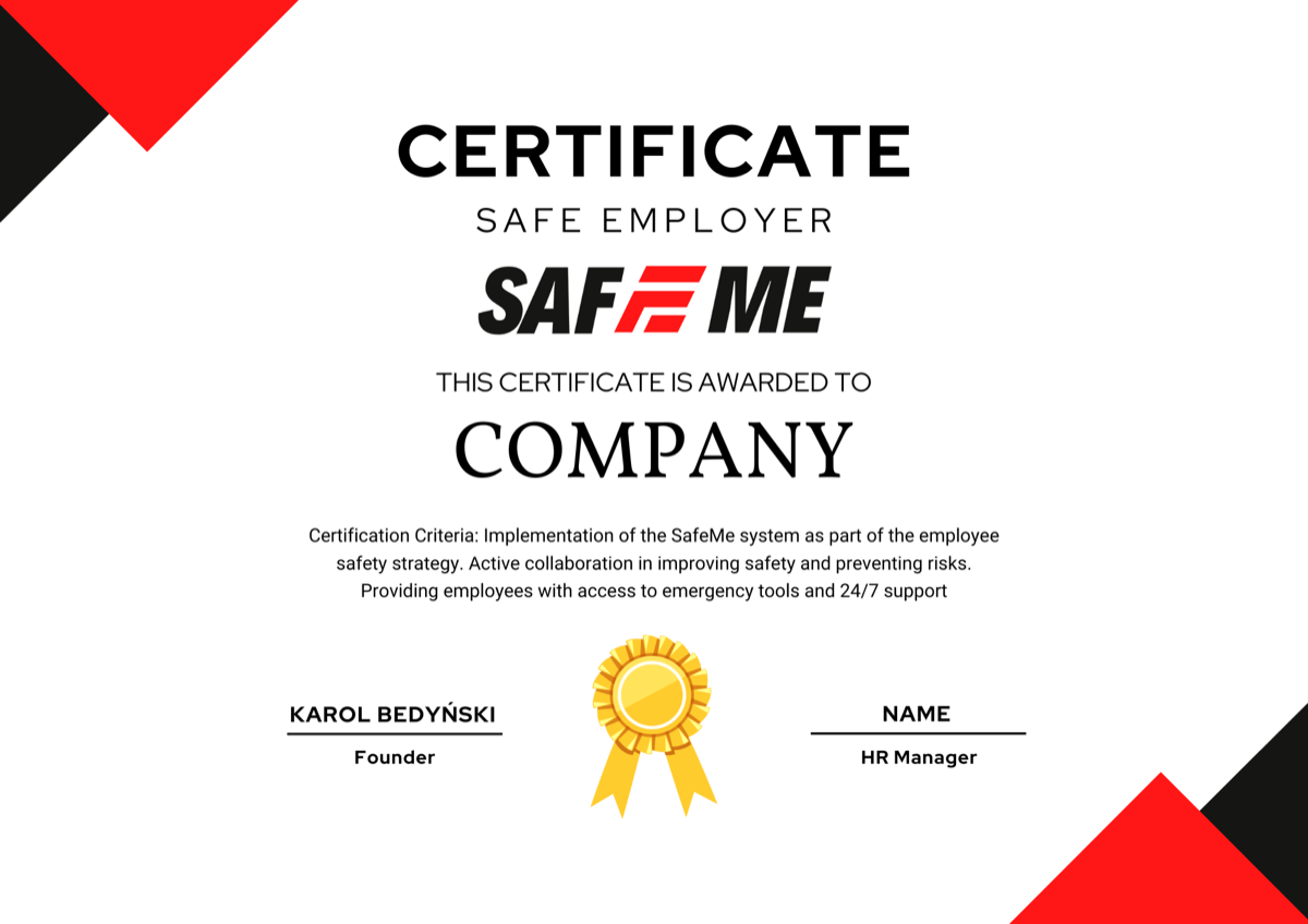 The Safe Employer certificate awarded to companies using SafeMe