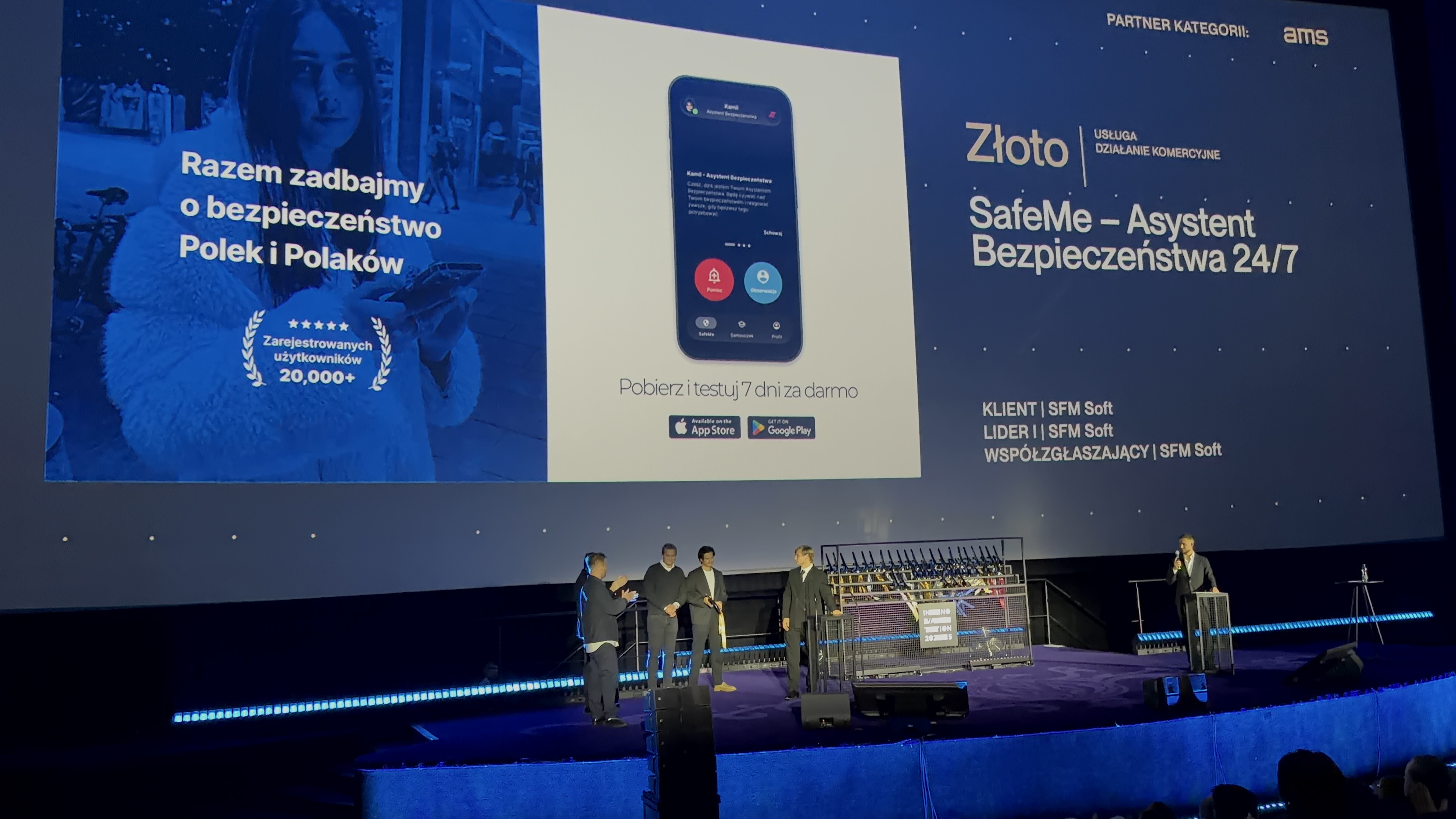 The Innovation of the Year award for SafeMe - Safety Assistant 24/7 shown on the big screen during the gala