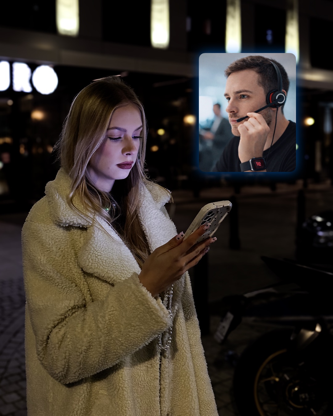 Woman using the SafeMe app at night, with a Safety Assistant on watch in the background