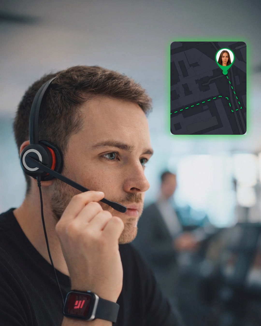 A SafeMe Safety Assistant wearing a headset watches a safe route on the map