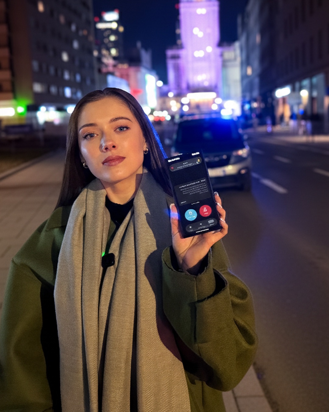 Woman showing the SafeMe app screen on a city street in the evening