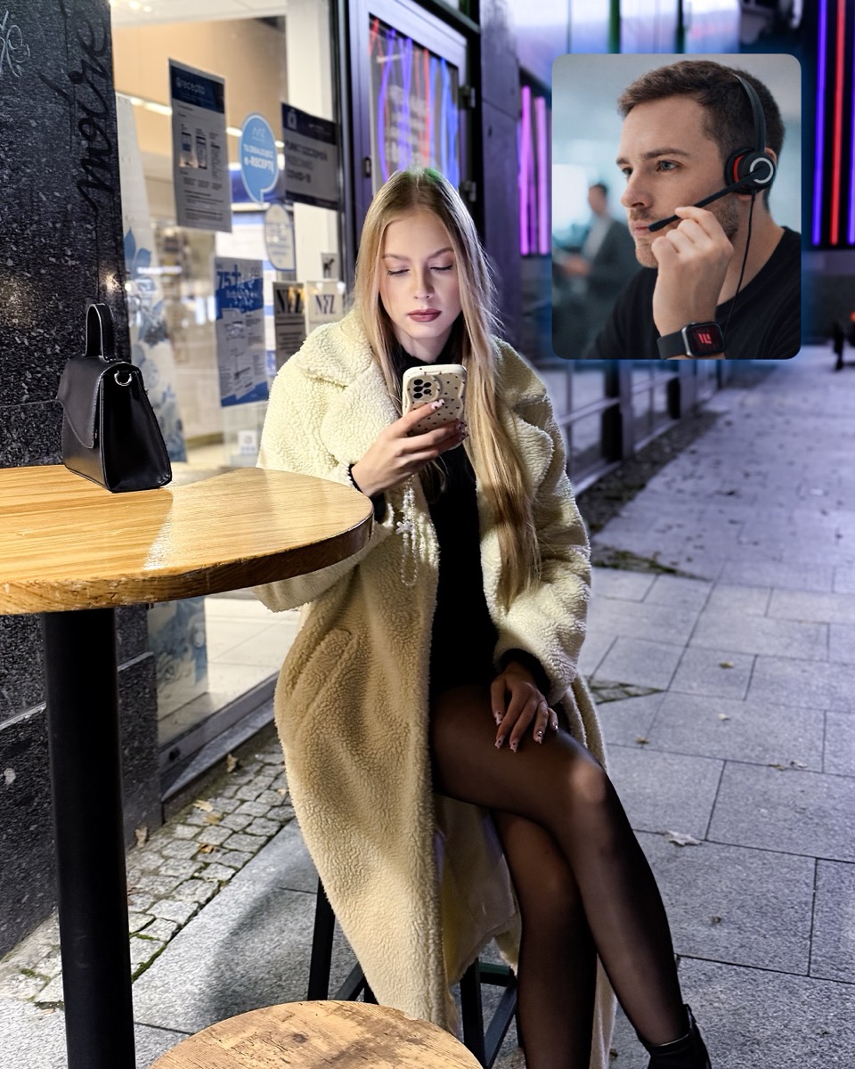 A woman in the city at night using the SafeMe app, with a Safety Assistant watching over her