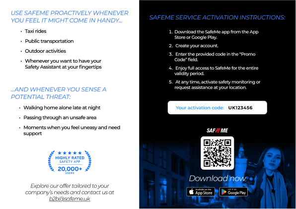 SafeMe Voucher back with activation instructions, an activation code and a QR code to download the app