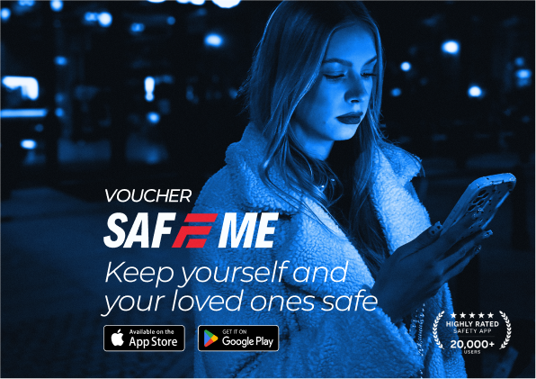 SafeMe Voucher front - a woman using the app at night, with the SafeMe logo and App Store/Google Play buttons